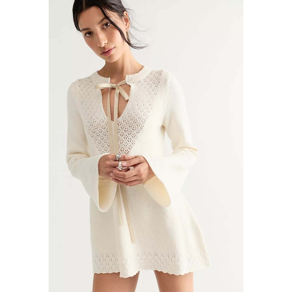 Free People Bali Old Flame Sweater Mini Dress Ivory Pointelle Knit L